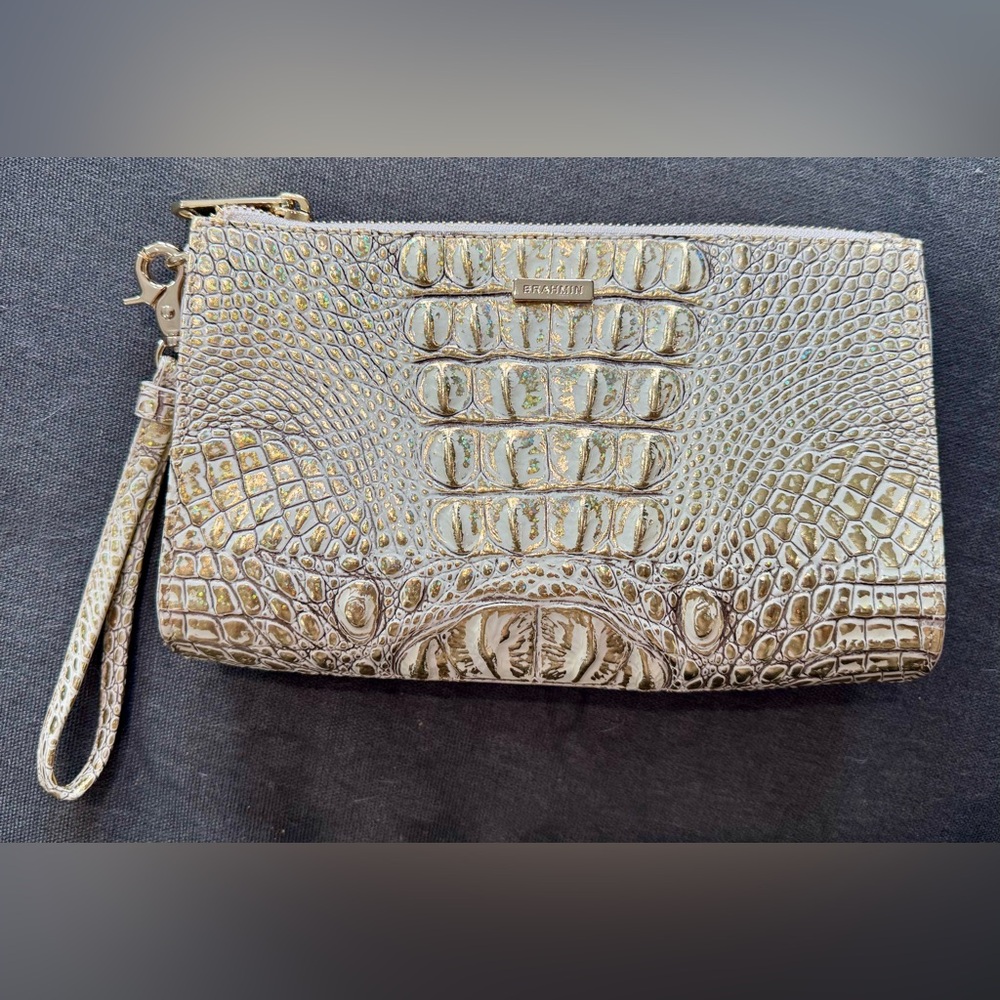 Brahmin Gold Textured Wristlet Clutch Gold White Hologram Daisy Melbourne